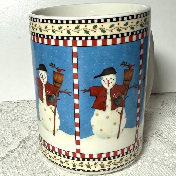 SAKURA Snowman Christmas Mugs – Whimsical Winter Design, Holly & Check Trim - Picture 2 of 4